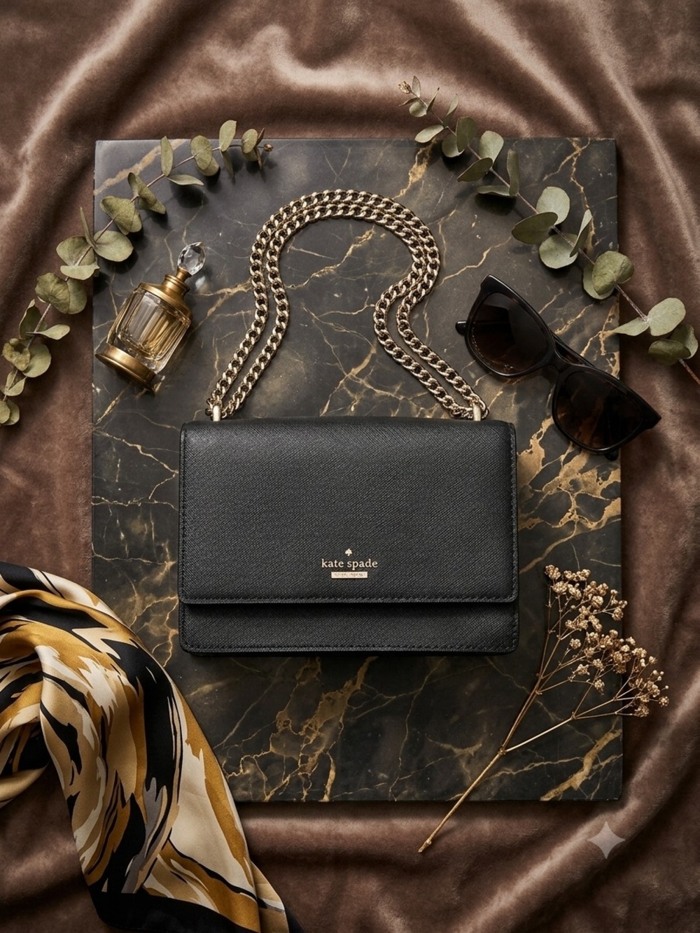 kate spade Black Saffiano Leather Crossbody with Gold Chain